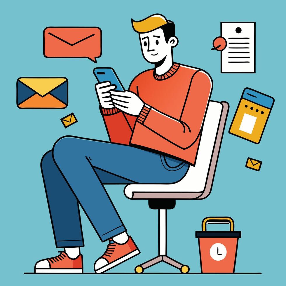 Man Sitting in Chair Using Smartphone Checking Emails and Reminders vector