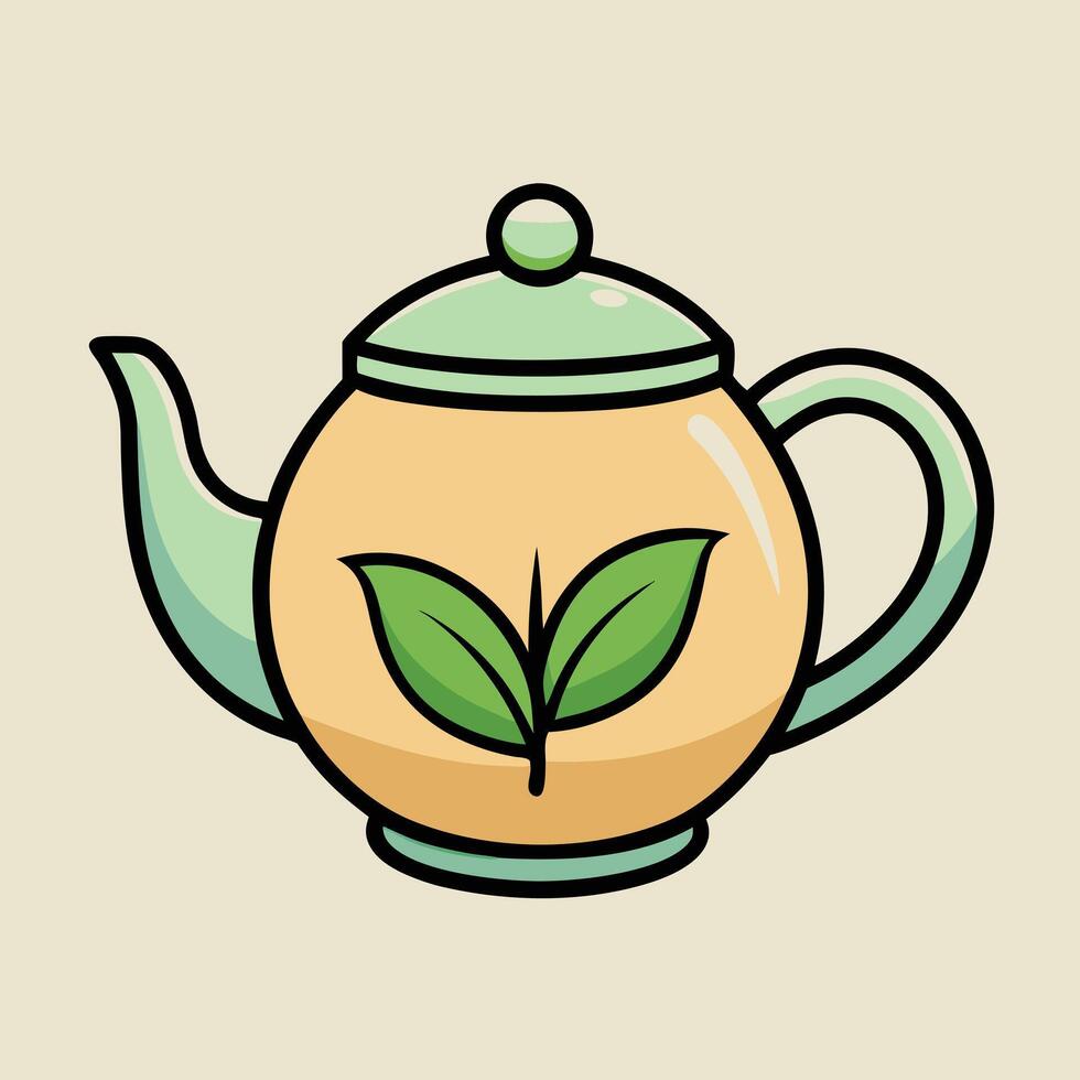 A charming illustration of a teapot with green tea leaves vector
