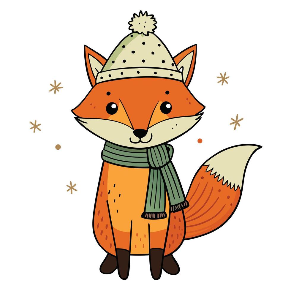 Adorable Cartoon Fox Wearing Winter Hat and Scarf in Snowy Scene vector