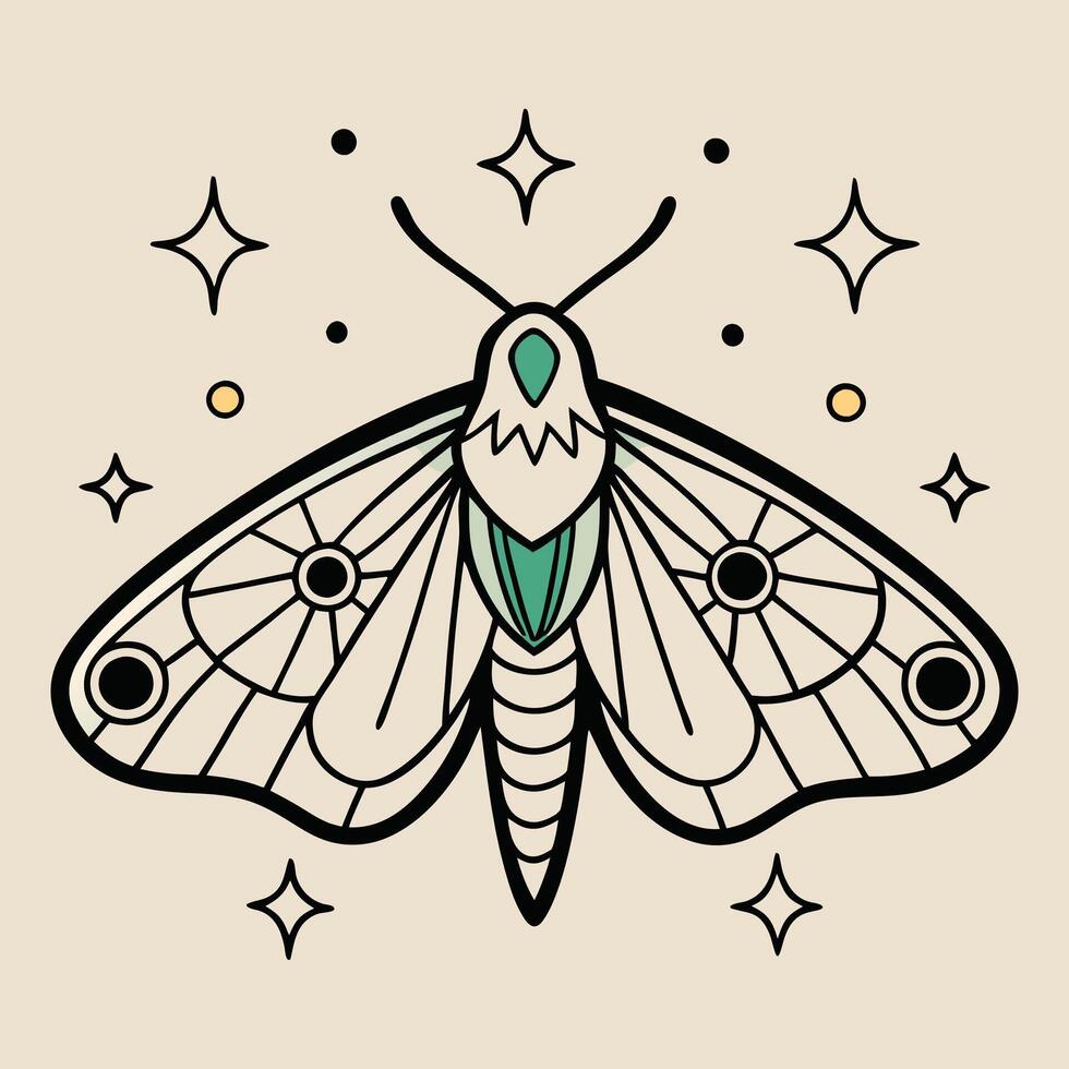 Elegant Celestial Moth Illustration with Detailed Wings and Stars vector