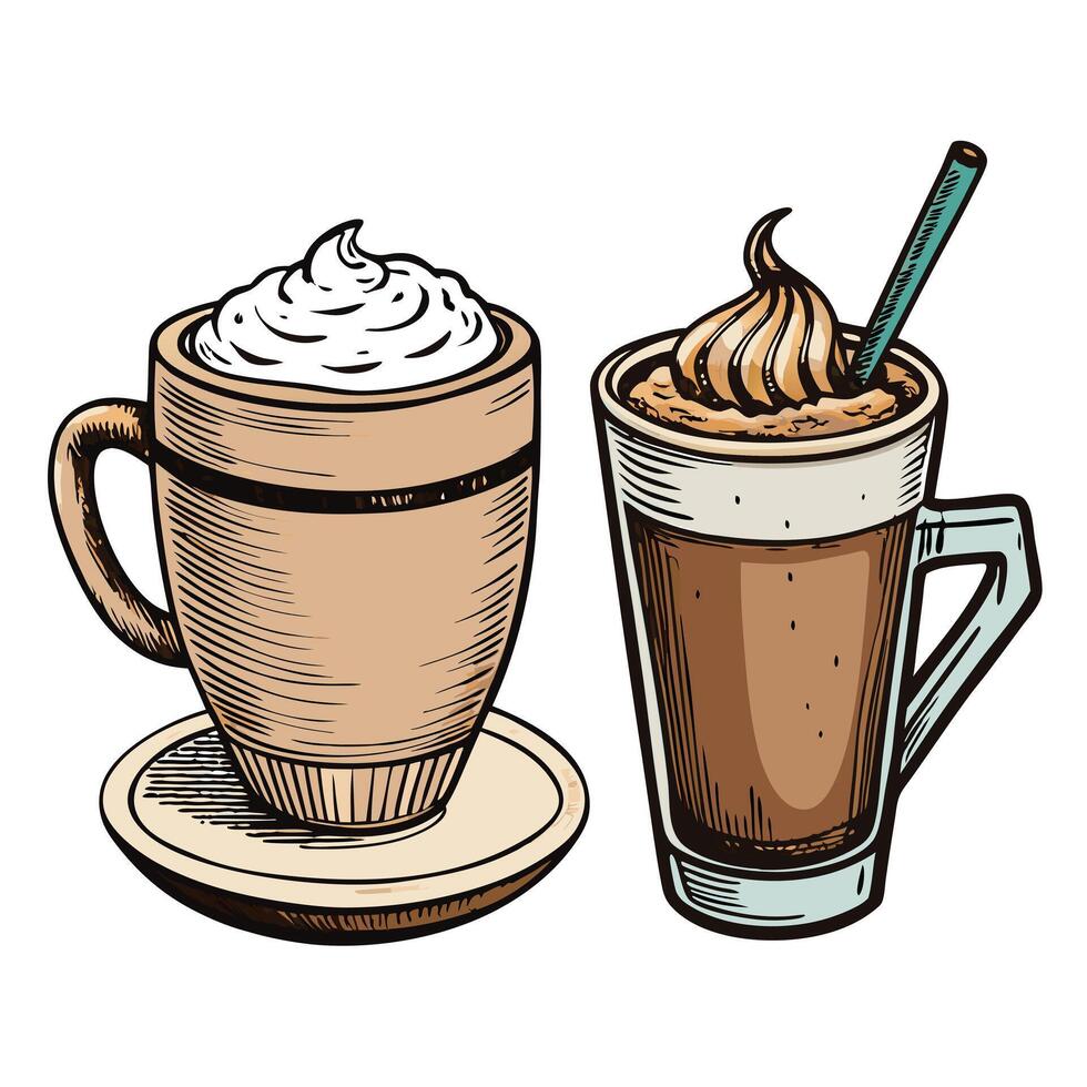 Two Delicious Hot Beverages Whipped Cream and Caramel Iced Coffee Drinks vector