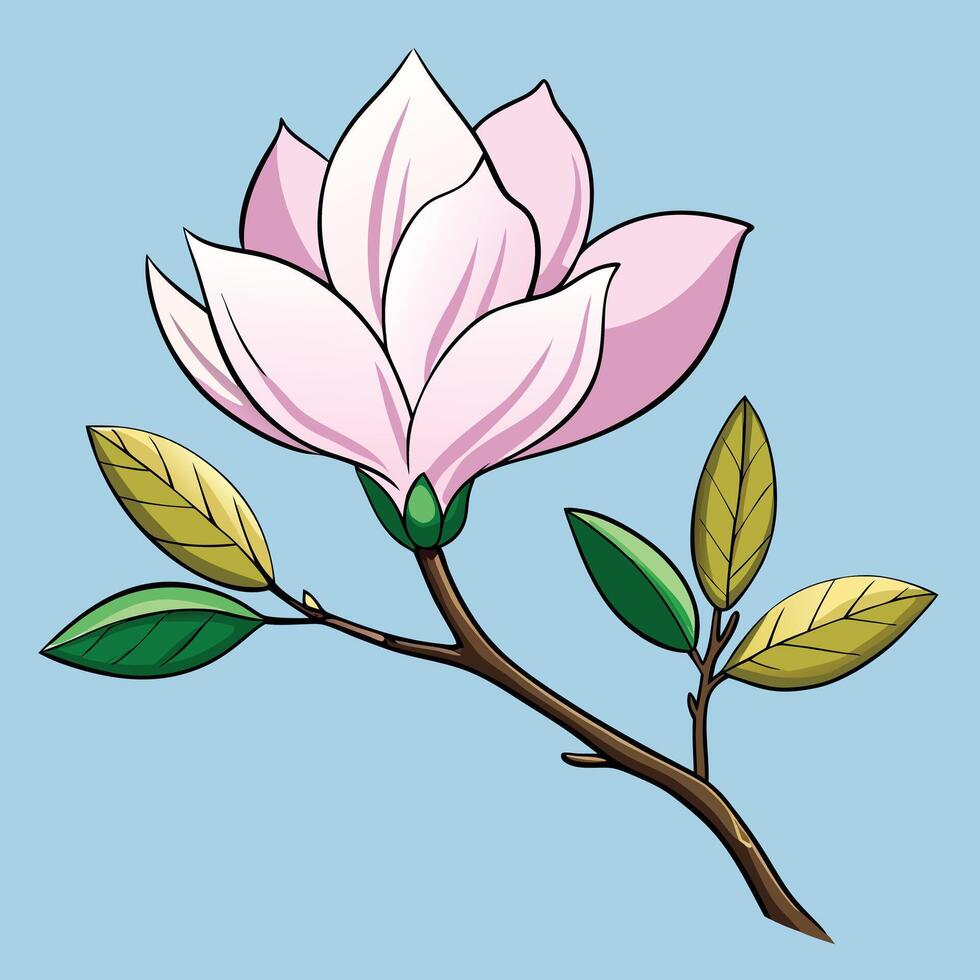 A Delicate Pink Magnolia Blossom with Lush Green and Yellow Leaves on a Branch vector