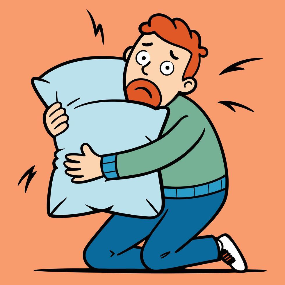 Man Kneeling and Hugging a Pillow Feeling Anxious or Scared vector
