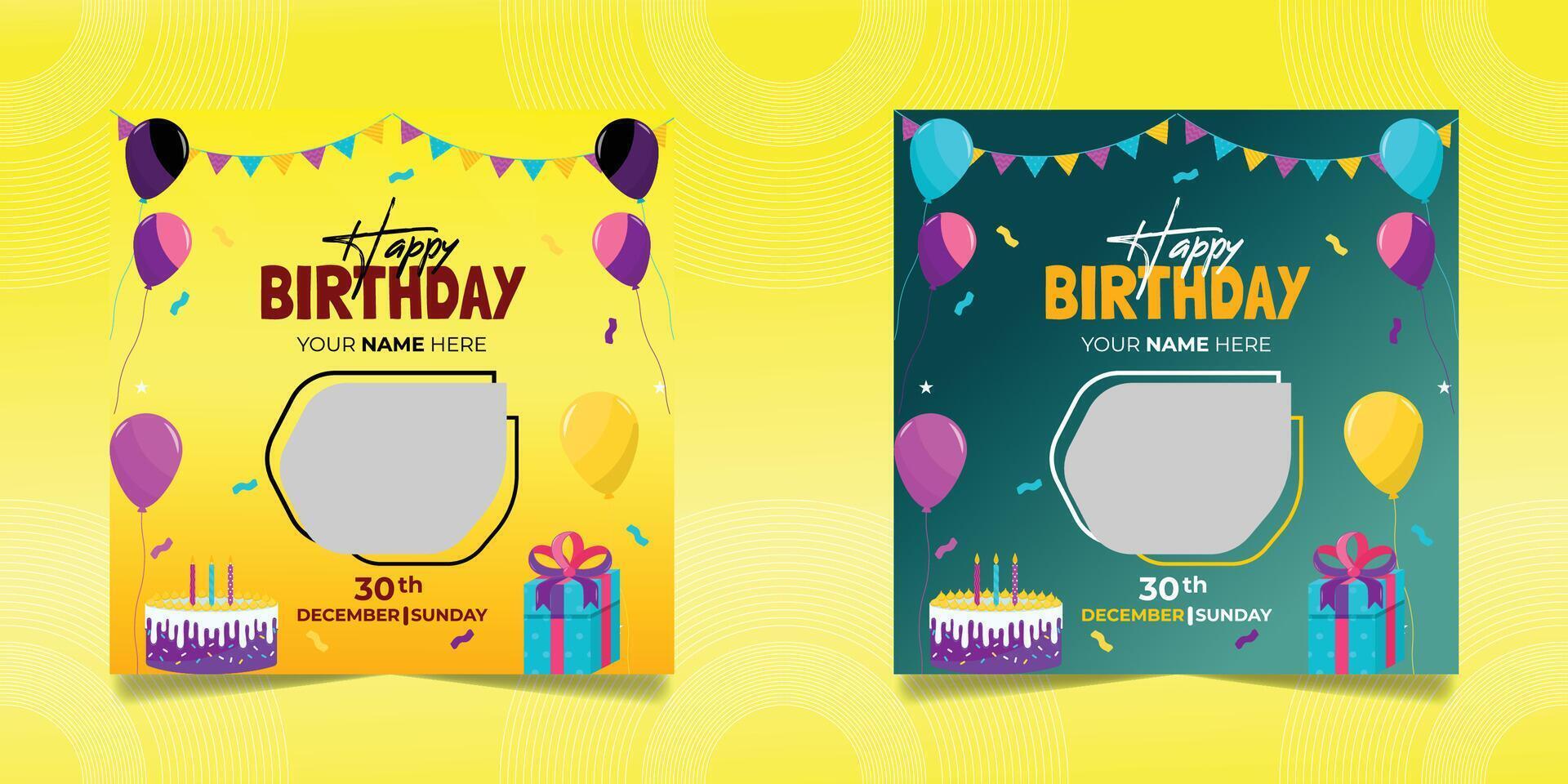 Birthday wishes social media post template, party invitation or greeting card, happy wedding anniversary celebration event square design two set vector