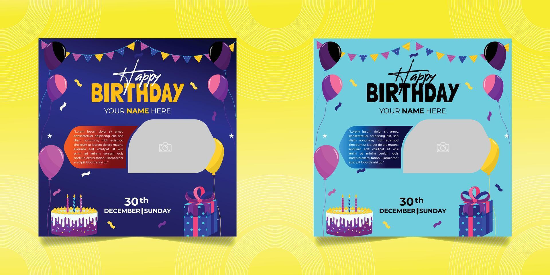 Birthday wishes social media post template, party invitation or greeting card, happy wedding anniversary celebration event square banner poster design set vector