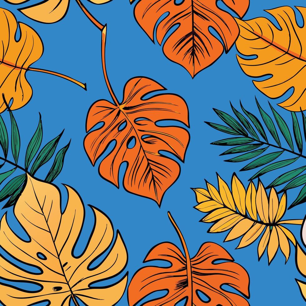 Vibrant Tropical Leaf Pattern Background Illustration Featuring Monstera and Palm Leaves vector