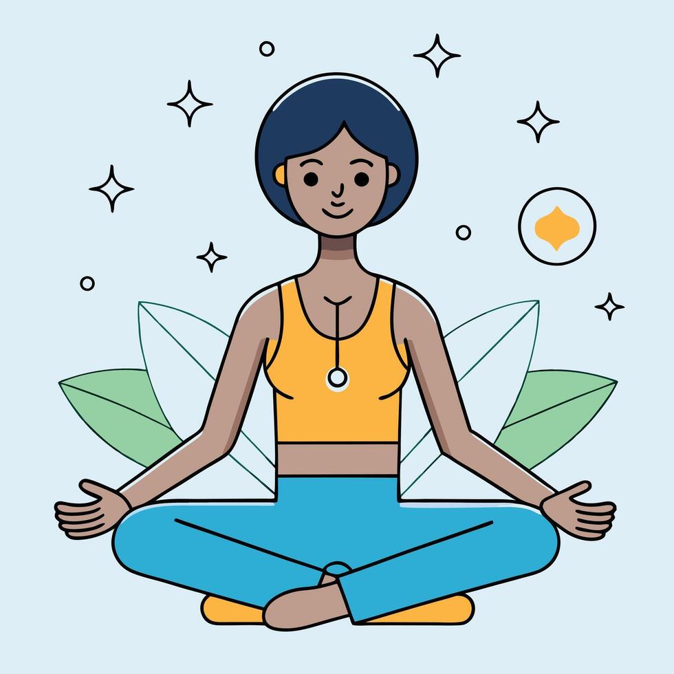 A Woman in a Peaceful Yoga Pose Surrounded by Calming Nature Elements vector