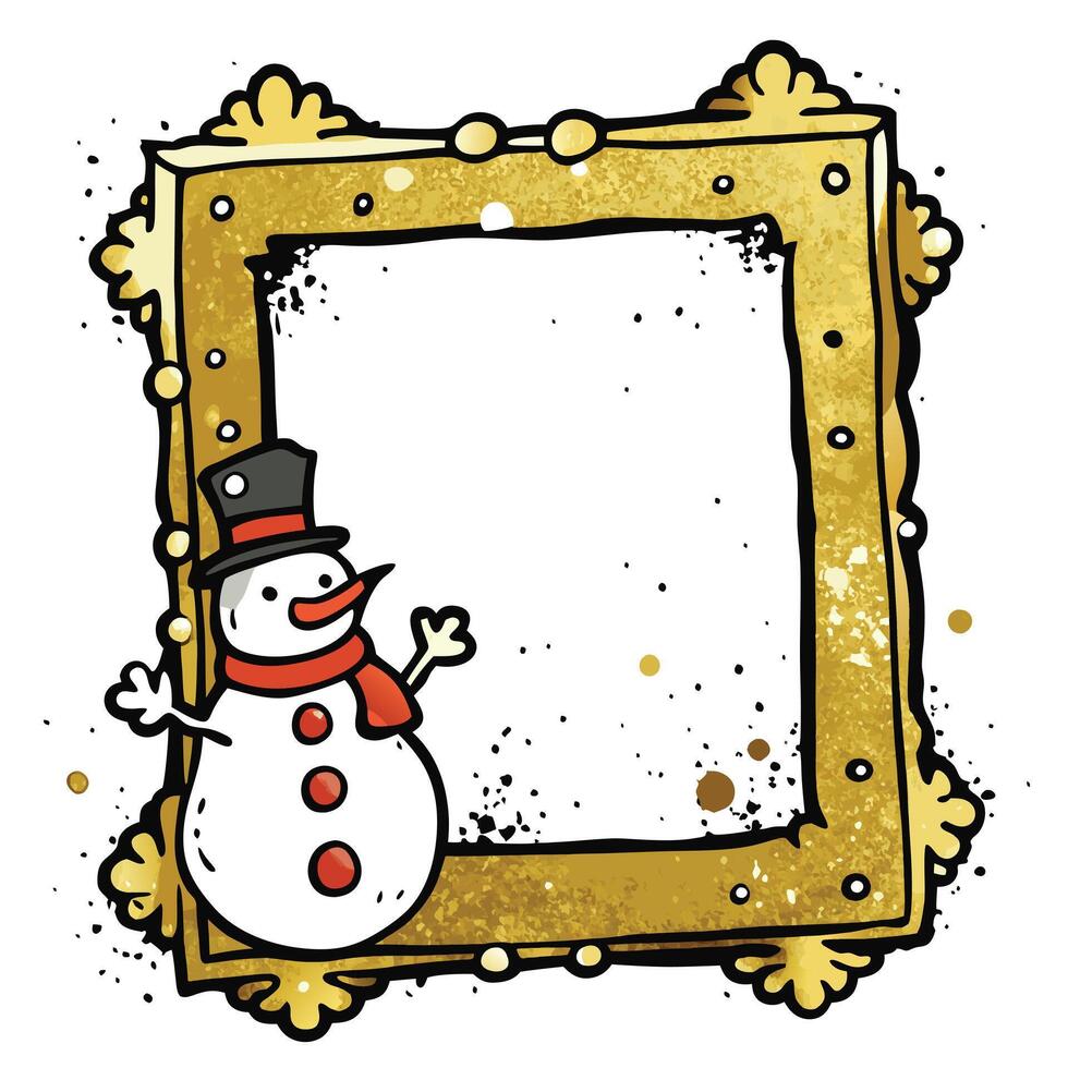 A snowman in a frame with a gold frame vector