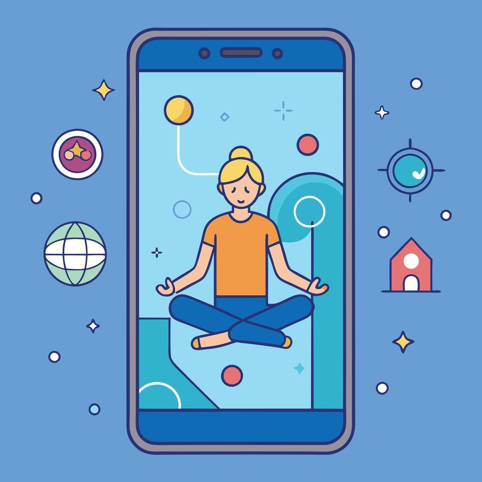 Mindfulness Meditation App Woman Smartphone Screen Peaceful Yoga Pose vector