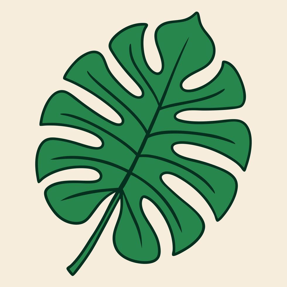A Single Green Monstera Leaf Illustration Botanical Art Tropical Plant vector