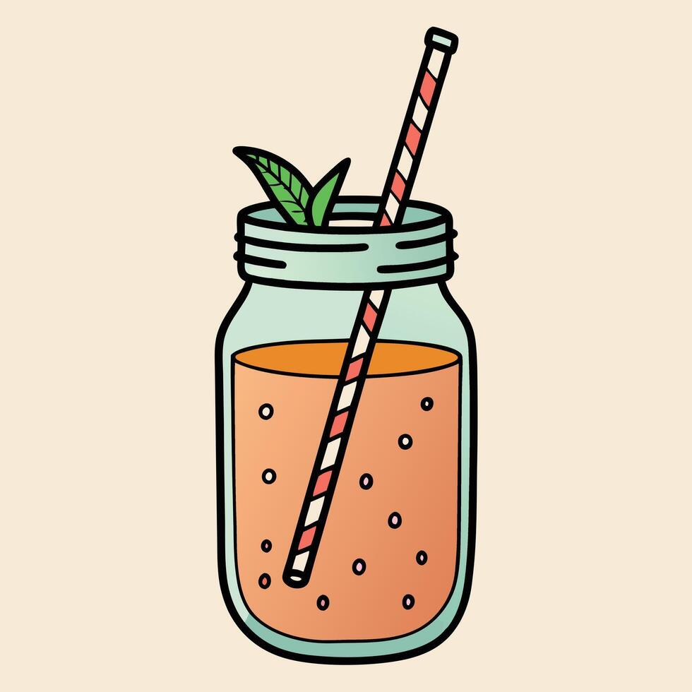 Refreshing Peach Smoothie in a Mason Jar with a Striped Straw and Mint Garnish vector