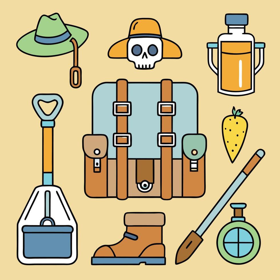A Collection of Adventurous Travel and Exploration Items vector