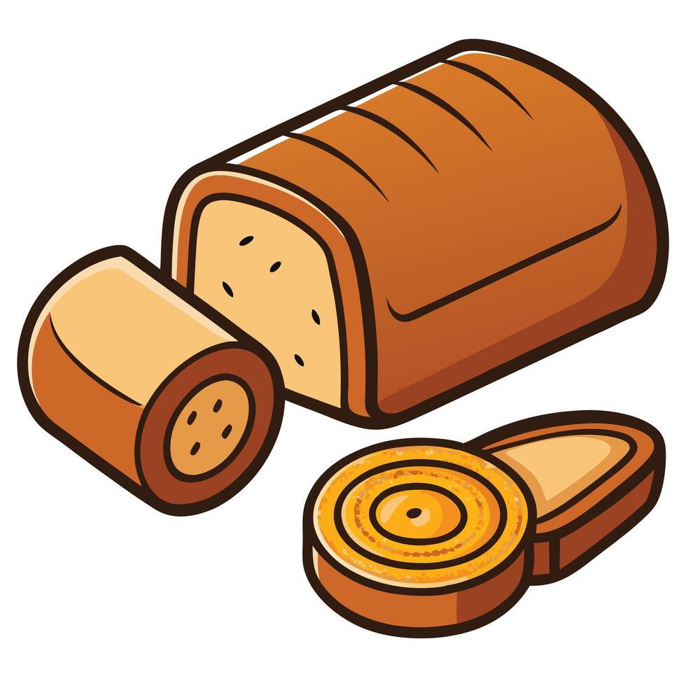 Cartoon illustration of a loaf of bread with two slices showing a layered texture and a circular cross section vector