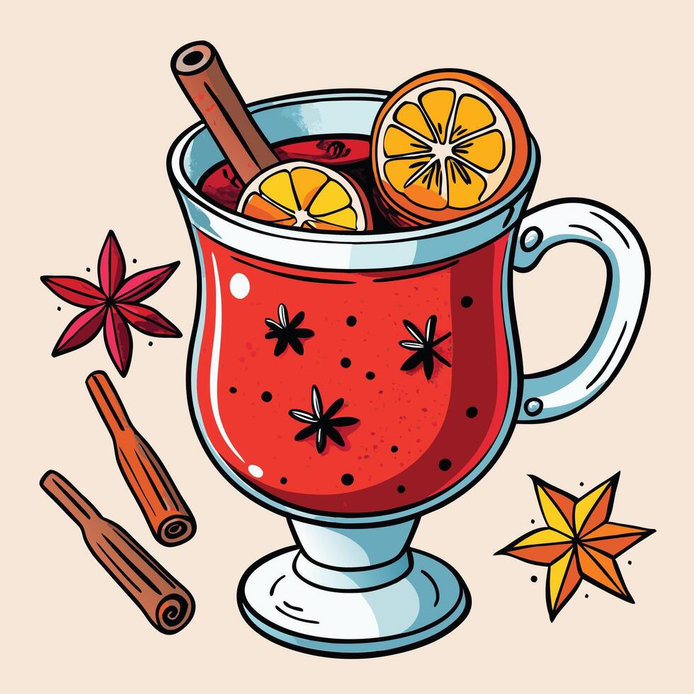 A Delicious Mug of Warm Spiced Mulled Wine with Oranges and Cinnamon Sticks vector