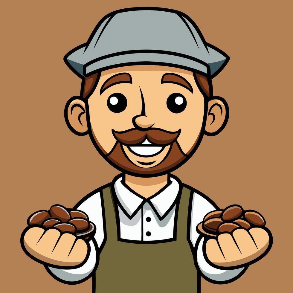 Happy Farmer Presenting Freshly Harvested Dates in Bowls A Cartoon Illustration vector