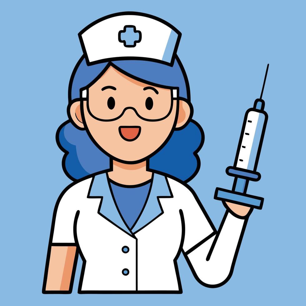 A Happy Female Nurse Cartoon Character Holding a Syringe Ready for Vaccination or Injection vector