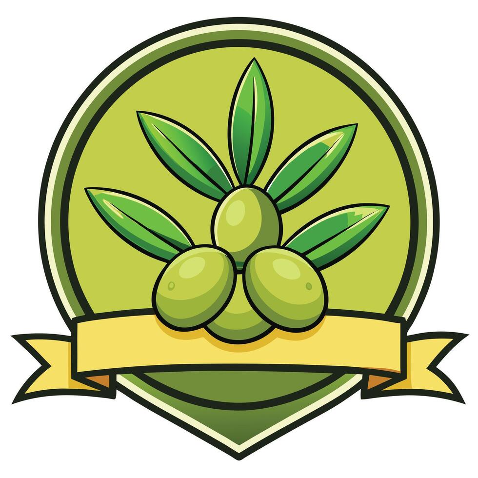 Fresh Green Olives Branch Emblem with Yellow Ribbon for Olive Oil Label Design vector