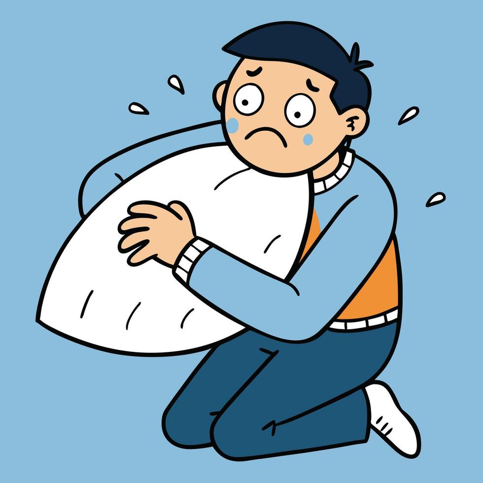 Sad Boy Hugging Pillow Crying Cartoon Illustration vector