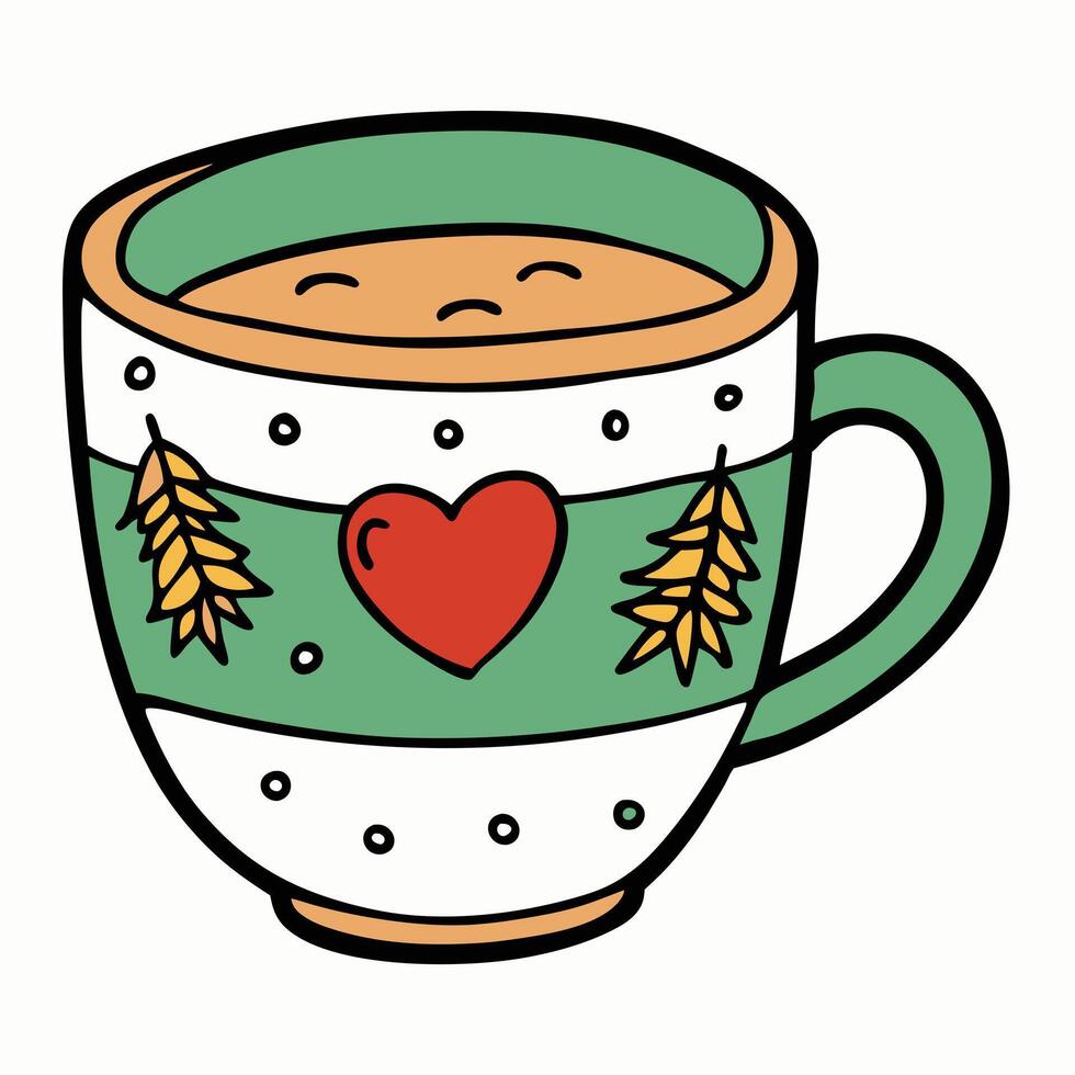 A charming illustrated mug of warm autumnal beverage with heart and wheat design vector