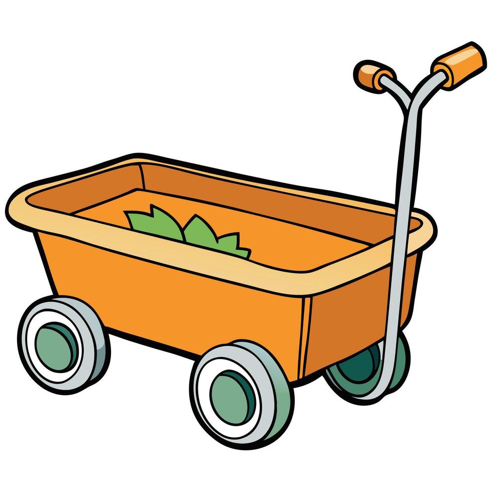 A Cute Orange Toy Wagon with Green Leaves Inside Ready for Playtime Fun vector
