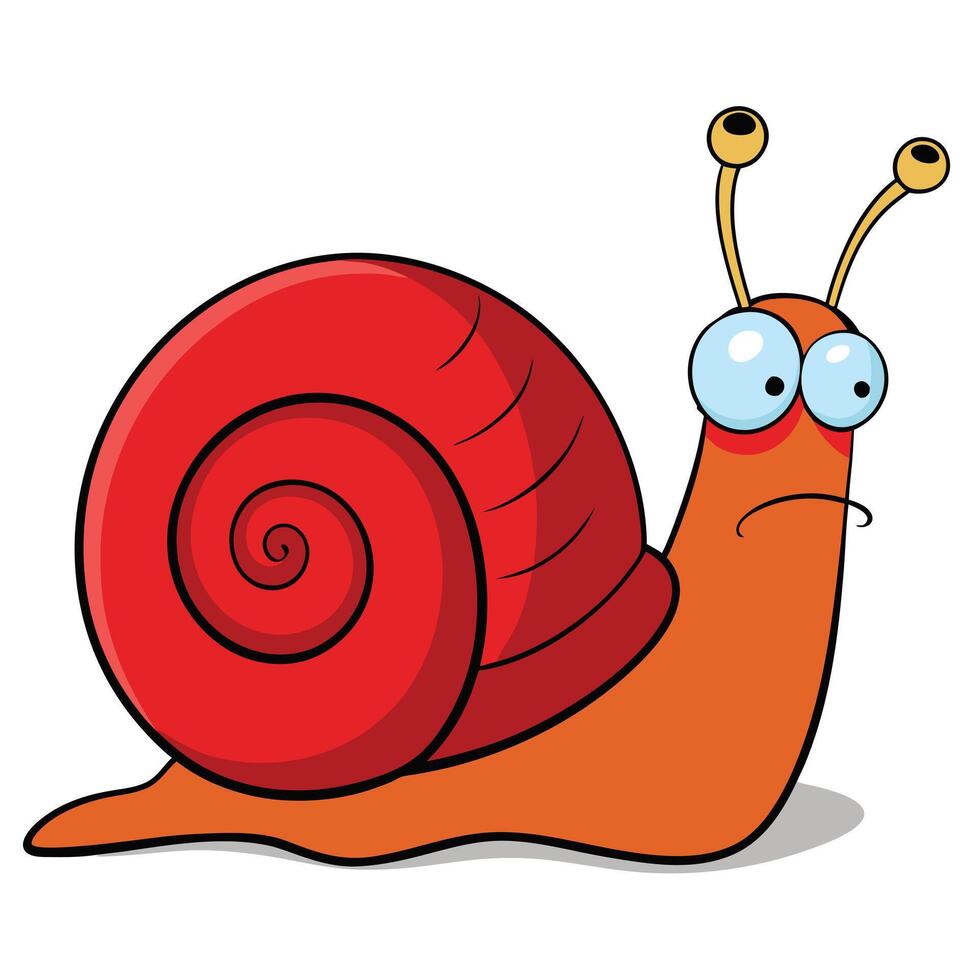 A cartoon snail with a red shell and orange body looks sad vector