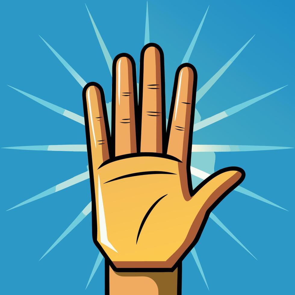A Raised Hand Against a Bright Blue Sky Background High Five Gesture Illustration Cartoon Style vector
