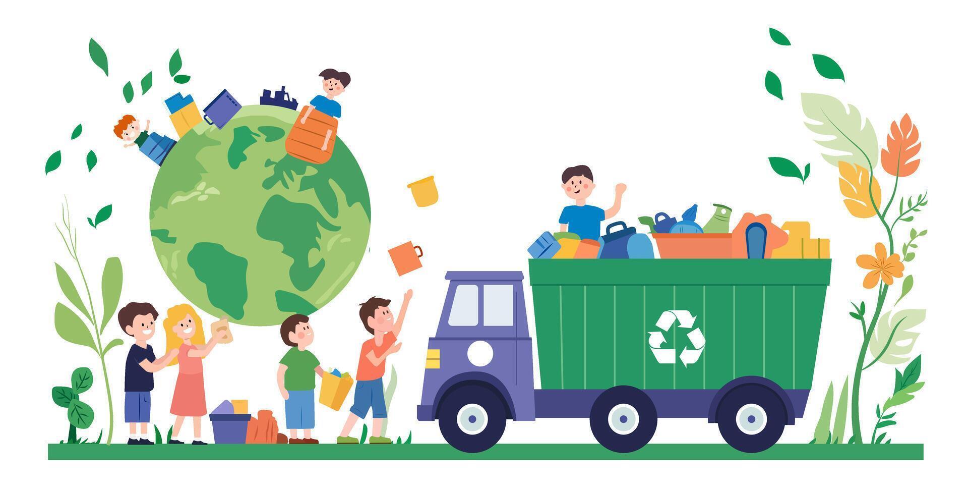 illustration of children engaged in waste separation, with a green truck and green trees in the background, cute cartoon characters suitable for children's books vector