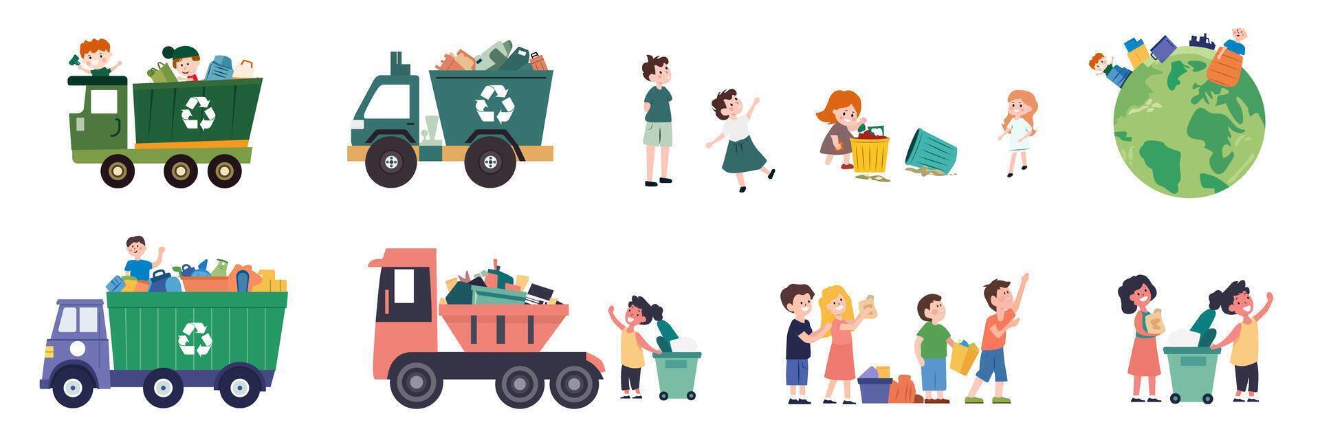 Set of illustration of children engaged in waste separation, with a green truck, Cute cartoon characters suitable for children's books, on white background. vector