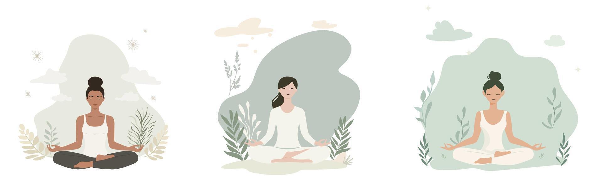 Set of flat illustrations of women in meditating yoga poses, each with soft pastel colors and minimalistic designs. plants and nature elements vector