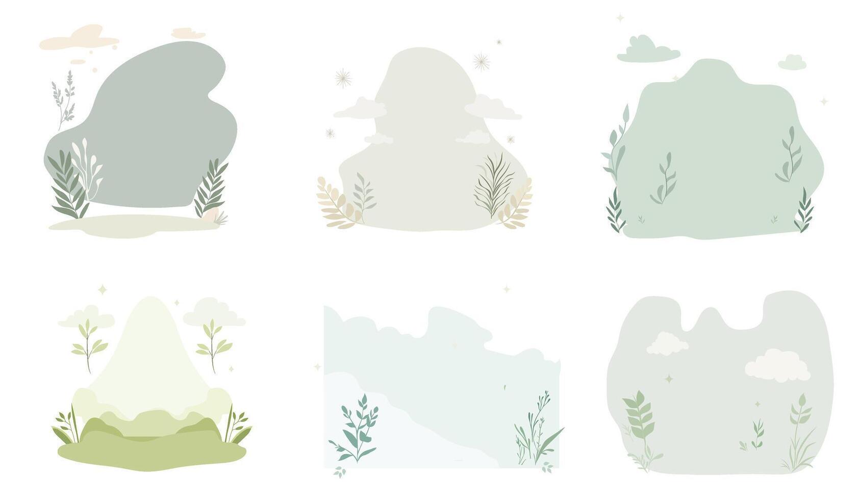 A set of illustrations in light green pastel tones on the theme of spring and nature, featuring clouds, plants, mountains, trees, grasses, rocks, abstract shapes, simple flat style vector