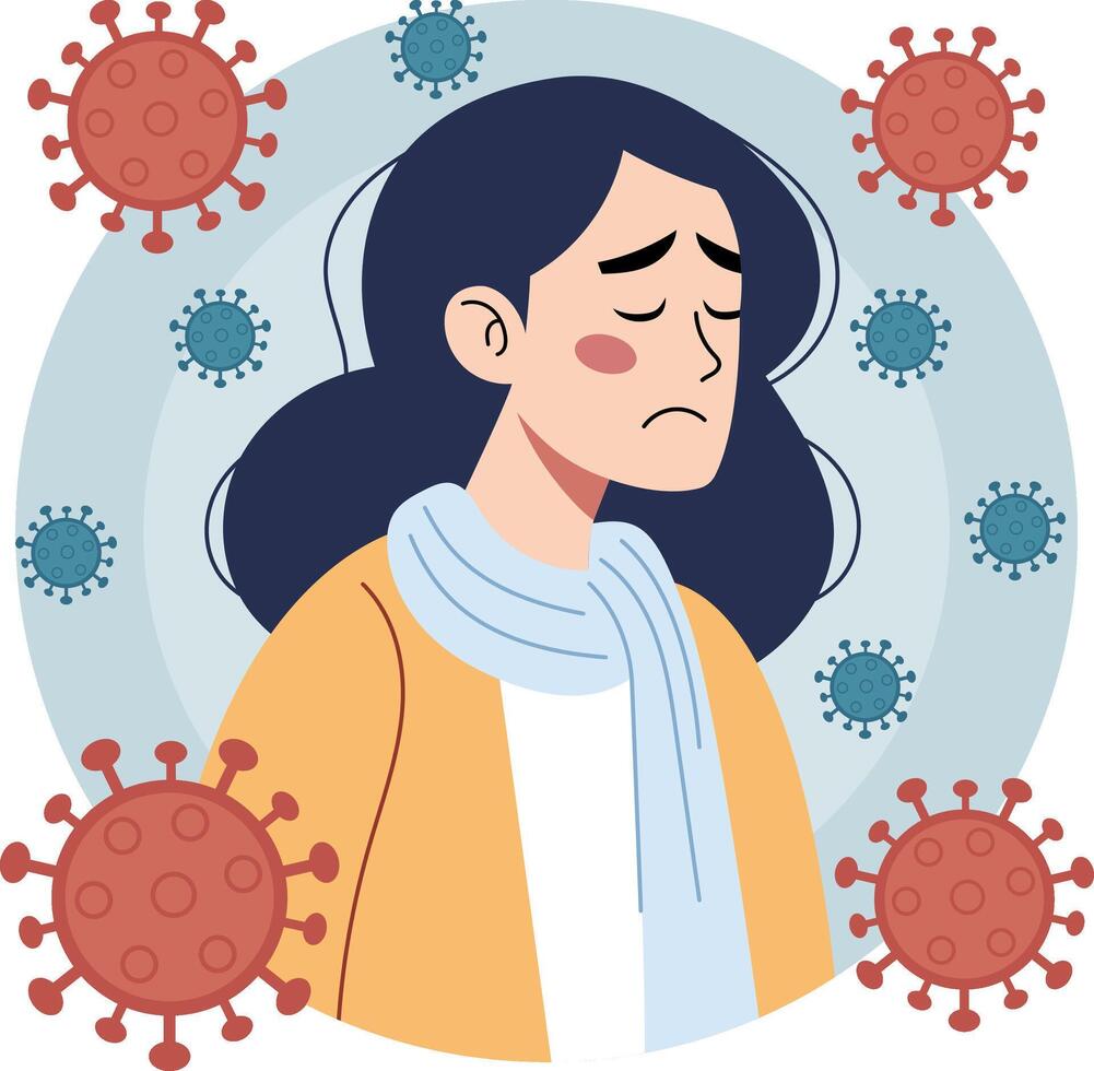 Illustration of a sick women. His facial expression shows discomfort. Around him are floating virus particles vector