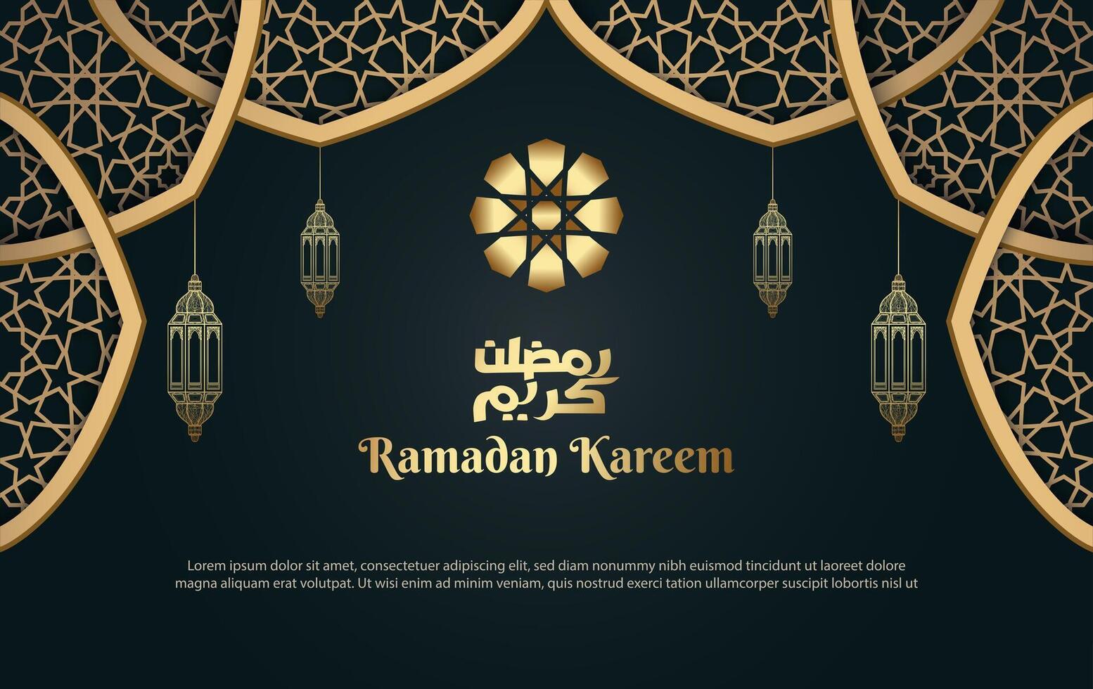 ramadan kareem greeting card design with islamic ornament and lanterns vector