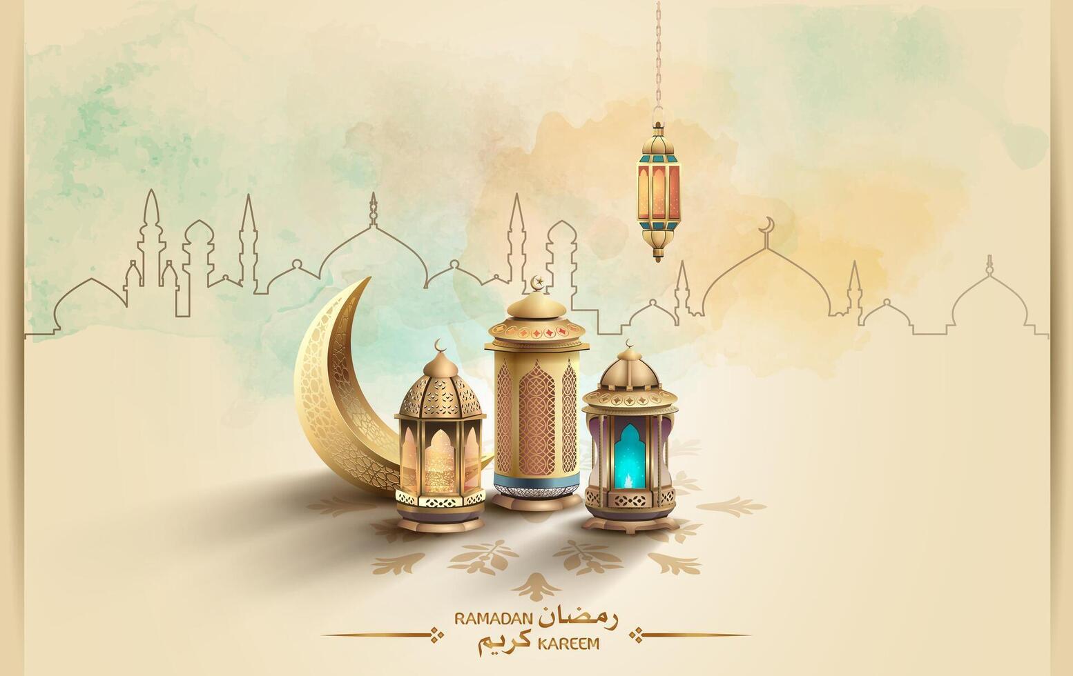 islamic festival greeting card with lantern and crescent moon decoration vector