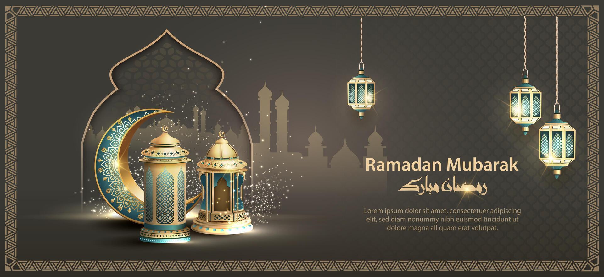 islamic greetings ramadan mubarak card design with crescent moon, mosque, and lanterns vector