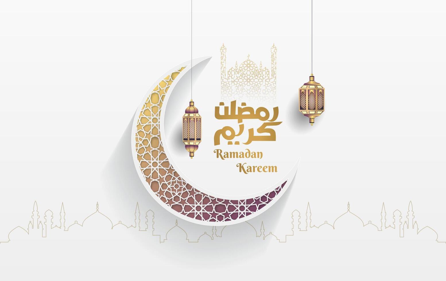 islamic greetings ramadan card design with crescent moon, lanterns, and islamic decorative background vector