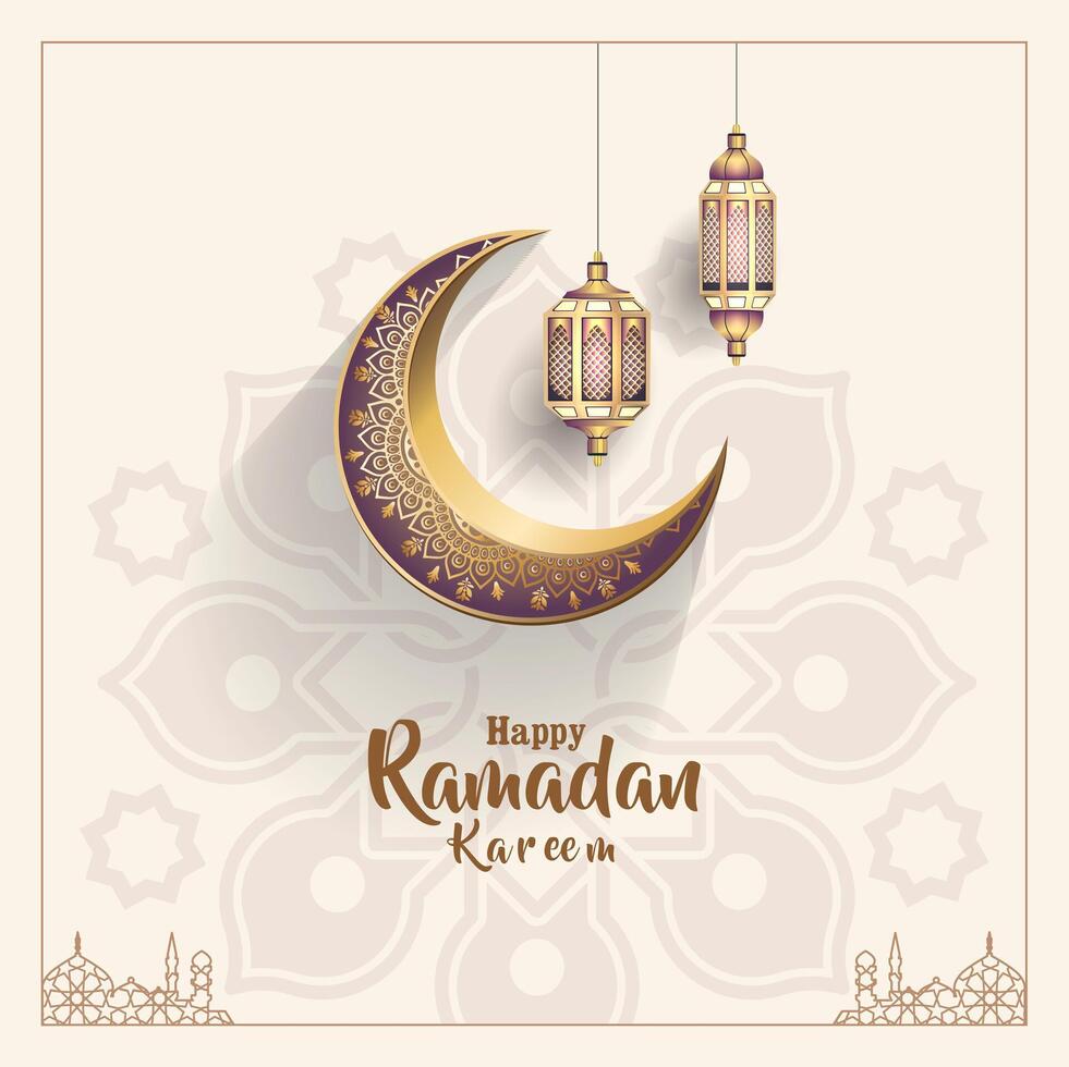 islamic greeting card ramadan kareem template design with crescent and two lanterns vector