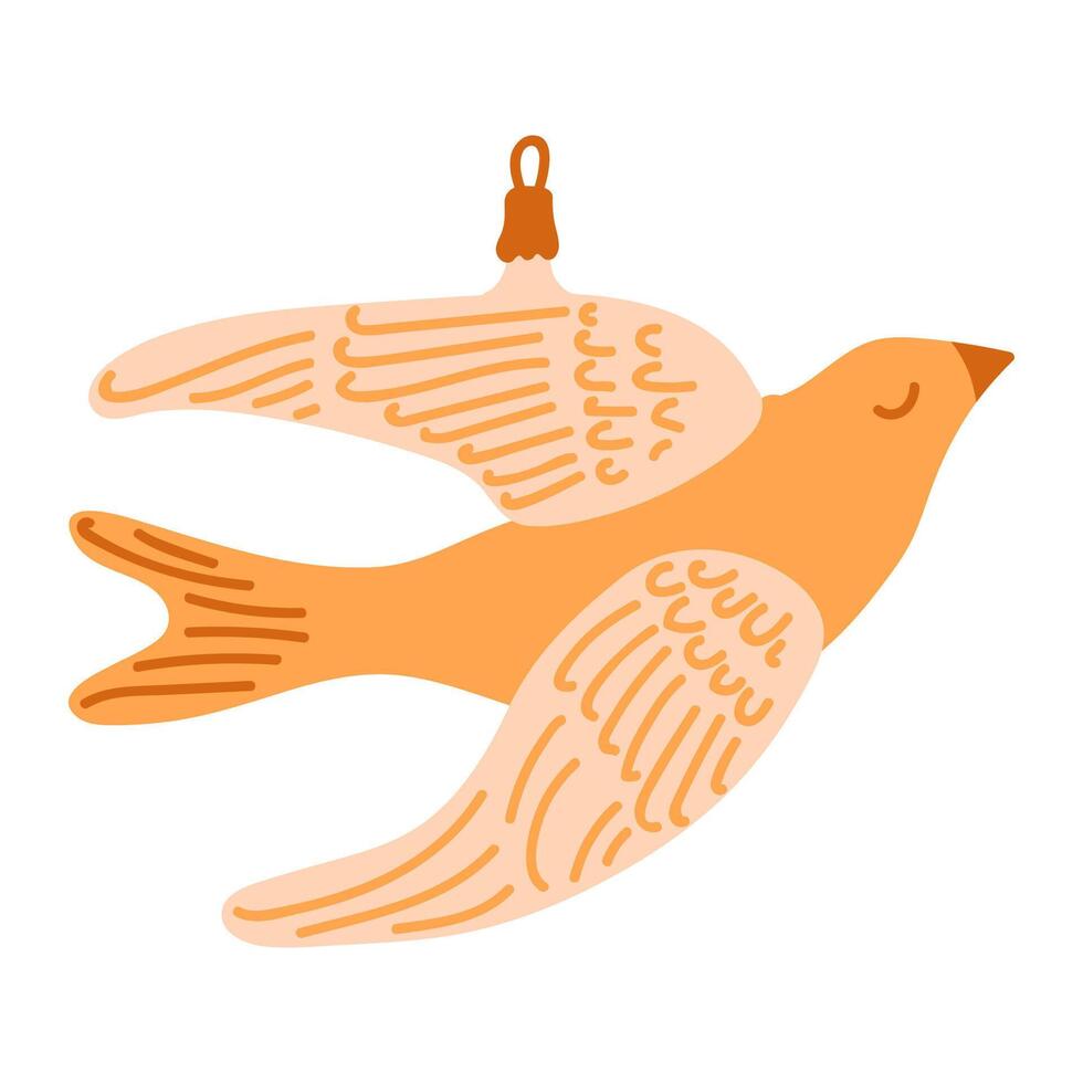 Retro golden bird, fir tree toy.Vintage Christmas bauble ornament . Xmas holiday decor vector