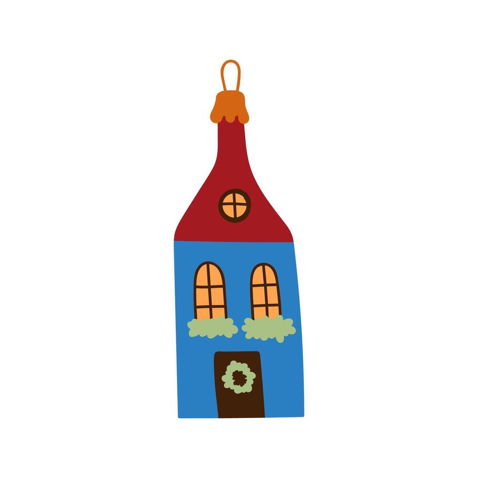 Retro little house, fir tree toy.Vintage Christmas bauble ornament . Xmas holiday decor vector