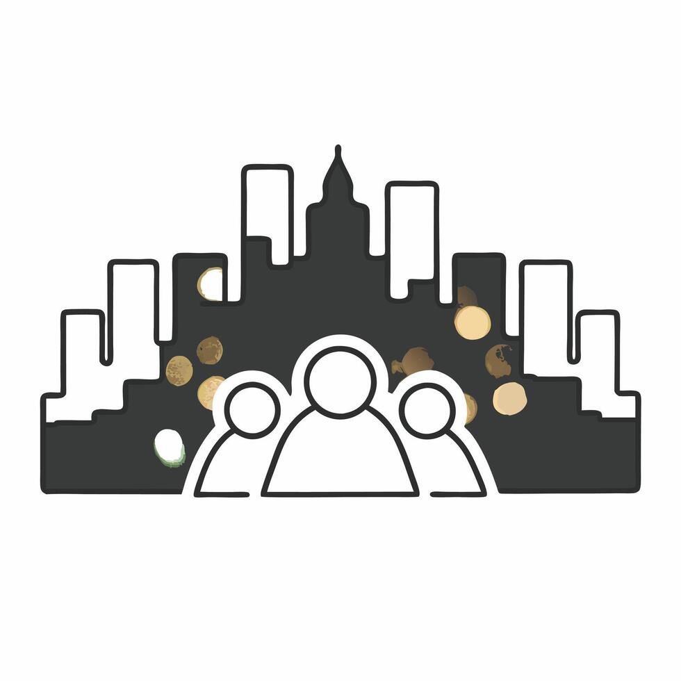 Abstract city skyline with bokeh lights and financial icons overlay concept as A creative depiction of a city skyline blended with soft bokeh lights and overlaid financial icons sy Square Set 3 Square vector