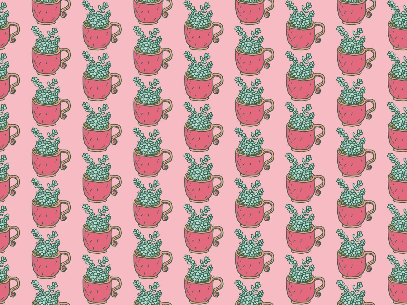 seamless pattern featuring green succulents in bright red mugs on a soft pink background. Ideal for textiles, wallpapers, scrapbooking, and gift wrap. vector