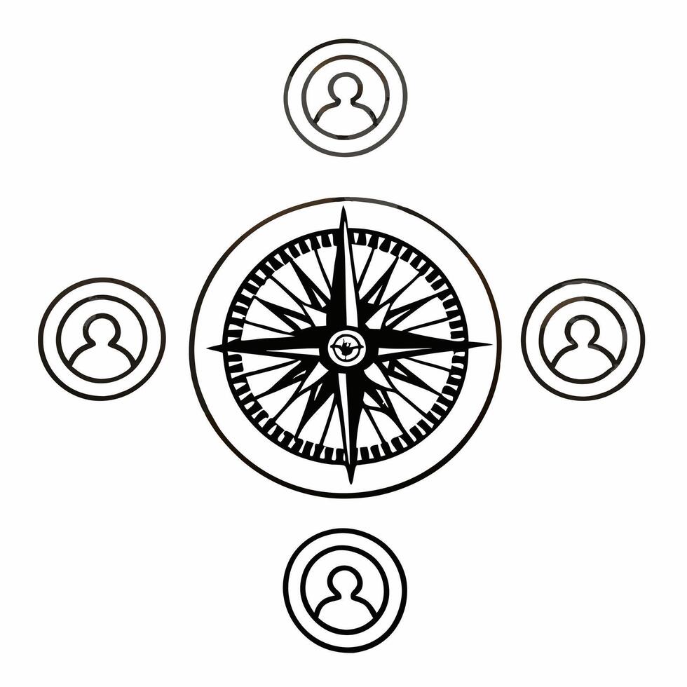 A compass on white surface with holographic community icons and growth symbols floating above providing copy space concept as Overhead shot of a compass placed on a white surface Square Square vector