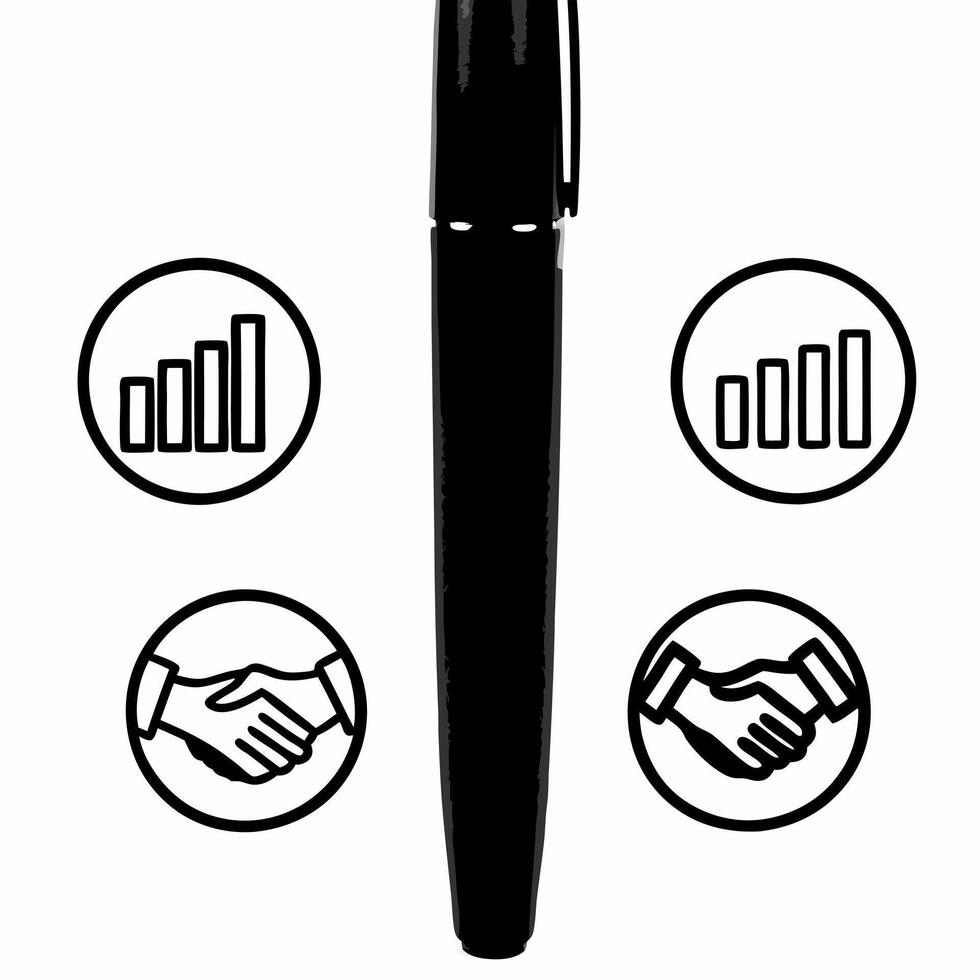 A pen standing upright on white background with holographic growth charts and handshake icons leaving copy space concept as Close up shot of a pen standing vertically against a wh Square Set 2 Square vector