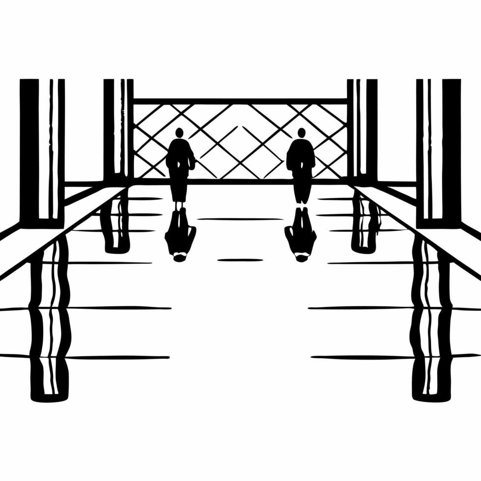 Bokeh business figures walking on water concept as Wide shot of business figures appearing to walk on water their forms created by bokeh lights Camera pans to show their reflectio Square Square vector