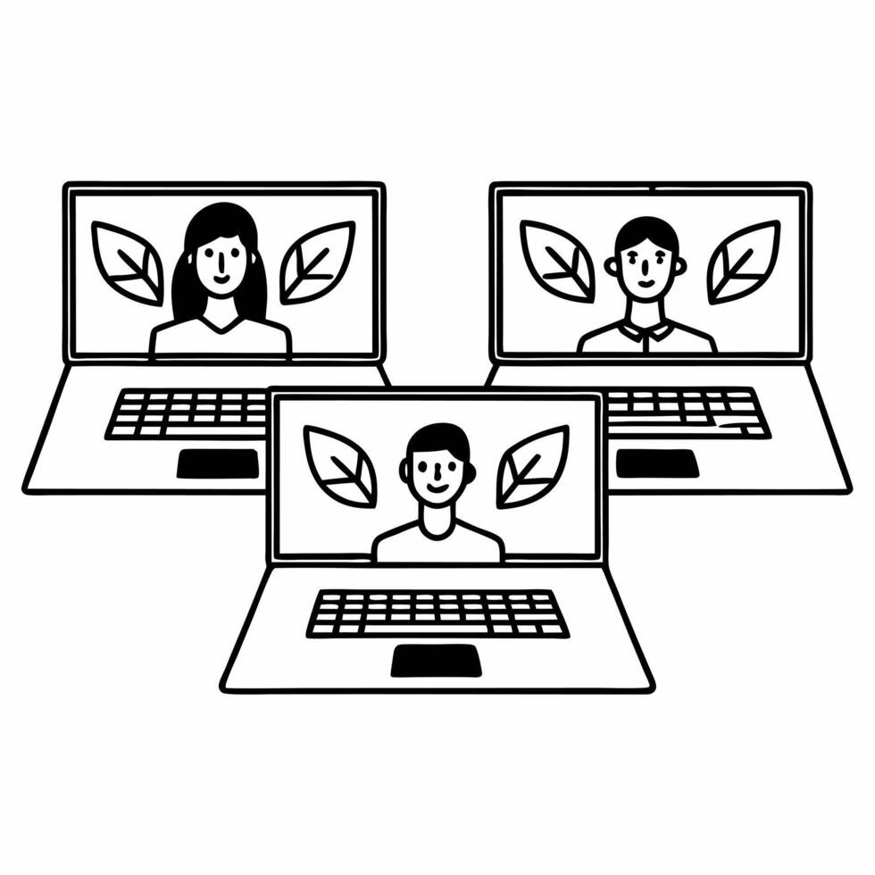 Candid Virtual Meeting on Sustainability concept as A candid shot of a team engaged in a virtual meeting discussing sustainability initiatives with laptops and screens displaying e Square Square vector