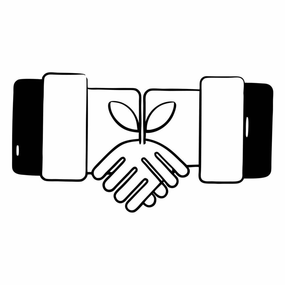 Close up of Hands Shaking Over Seedling concept as A macro shot of two hands shaking over a small seedling emerging from the soil The camera focuses on the handshake and the delic Square Square vector