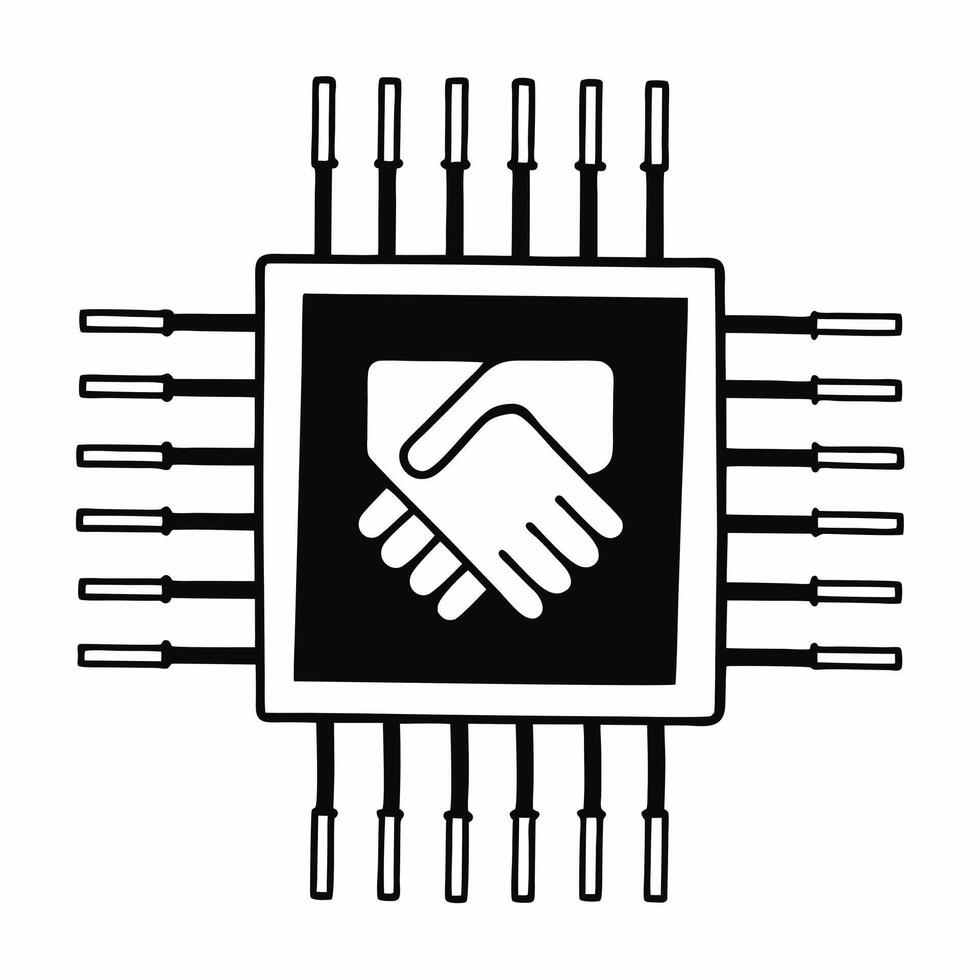 Close up of Holographic Handshake over Circuit Board concept as A macro shot of two holographic hands shaking over a circuit board The camera angle captures the handshake and the Square Square vector