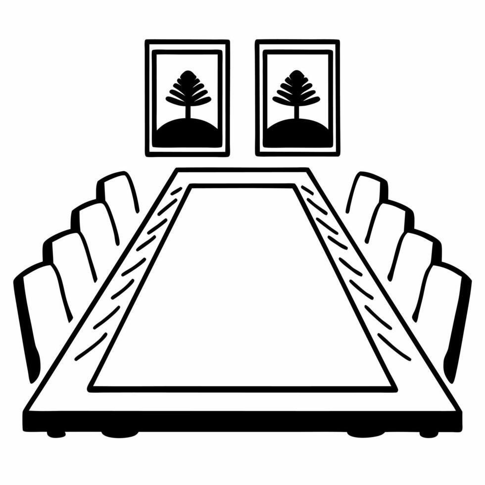 Conference Table with Holographic Bridge and Community concept as A conference table on a glossy white floor has two holographic icons hovering above a bridge symbolizing compromis Square Set 2 Square vector