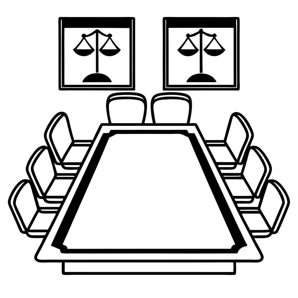 Conference Table with Holographic Scale and Plant concept as A conference table set on a glossy white floor has two holographic icons hovering above a balanced scale symbolizing co Square Square vector