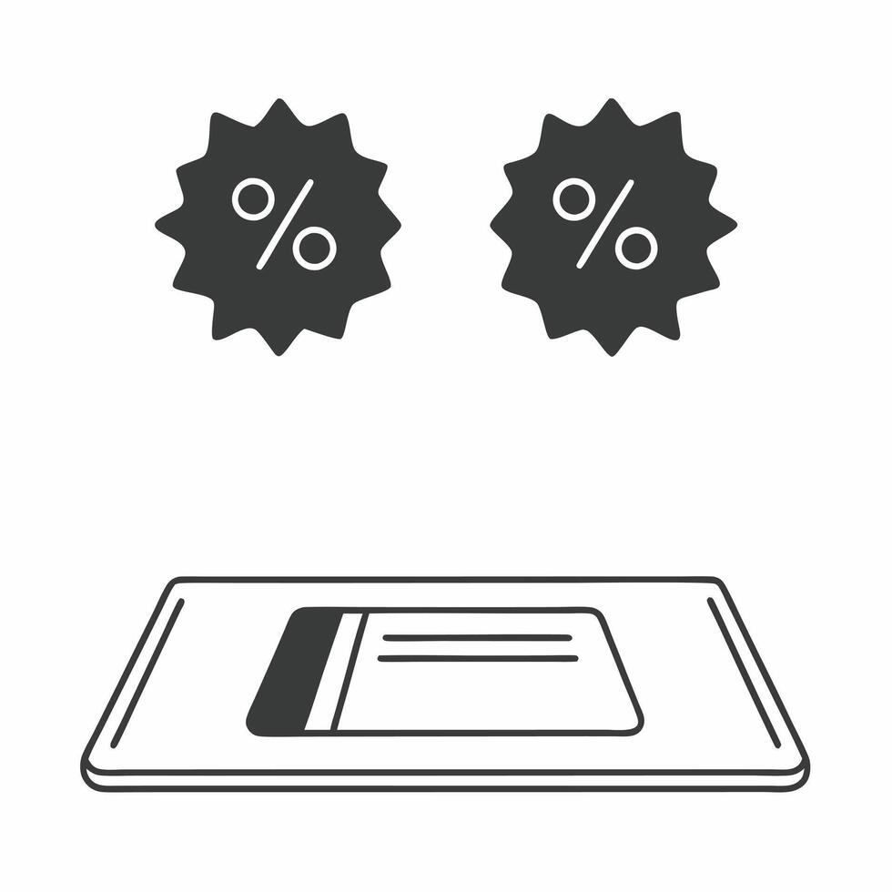 Credit card with glowing offer icons concept as A credit card on a glossy white table with two holographic elements above a percentage discount and an offer sign The scene represe Square Square vector