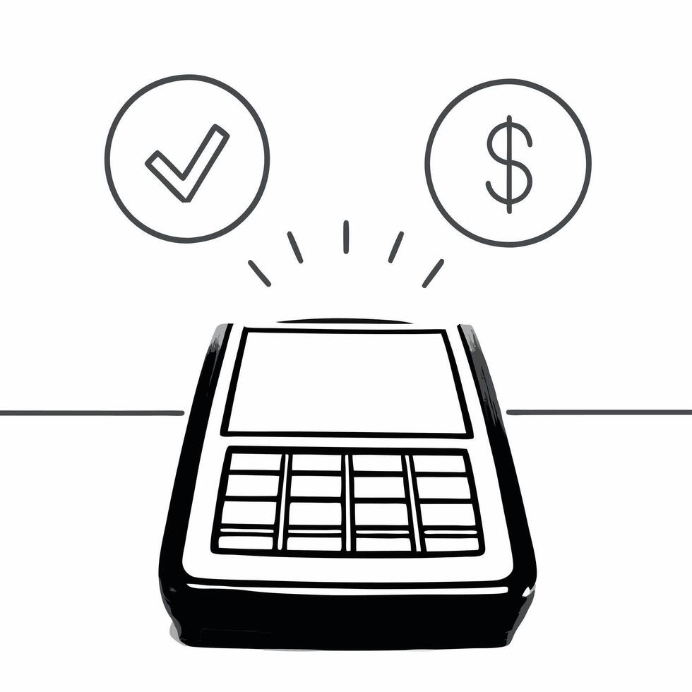 Credit card terminal with holographic icons concept as A credit card terminal sits on a glossy white countertop with two holographic icons hovering a glowing checkmark and a dollar Square Square vector
